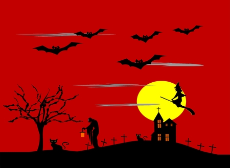 Night at the castle grandmother holding a lamp. Grave, cat, bat, Witches riding brooms ,moon red sky backgroundのイラスト素材