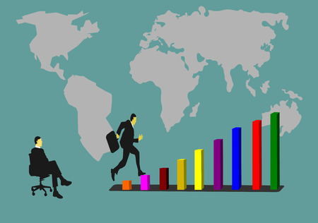 Businessmen are jumping on the graph of success. Have a friend sit watching. Have a background as a world map.のイラスト素材
