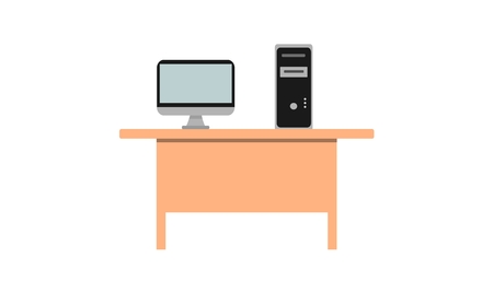 The computer is located on a brown wooden desk. White backgroundのイラスト素材