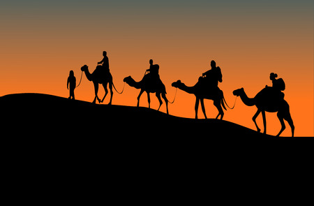 silhouette of four camel riders. Up hill with sunset  backgroundのイラスト素材