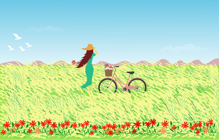 Woman in blue skirt wearing a hat with a bicycle standing in a field with reed flowers, the sky and mountains as the background.のイラスト素材