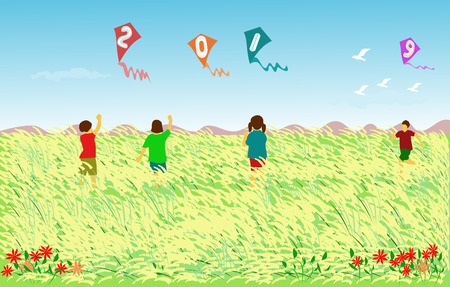 Four children are playing a kite with a 2019 figure in a field of reeds. There are mountains and the blue sky backgroundのイラスト素材