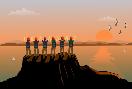Six teams people stood up and showed his hands on the top of the mountain happily. There are sea, mountains and sunset backgroundのイラスト素材
