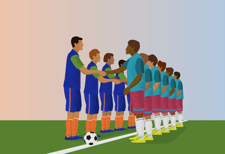 The football team is holding hands. In order to start a football match,blue backgroundのイラスト素材