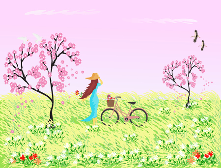Woman in blue skirt wearing a hat with a bicycle standing in a field with reed flowers and Sakura tree, the pink sky as the background.のイラスト素材