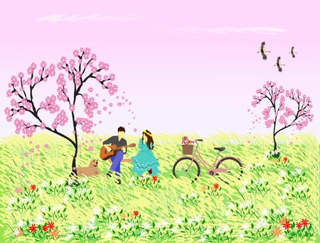 The man was playing the guitar for  woman to listen under the pink flower tree. There are dogs and bicycles beside ,with a reed field ,With pink sky  as a backgroundのイラスト素材
