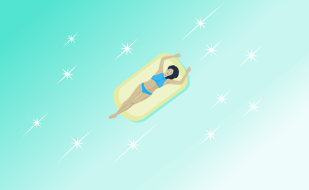 Women in a blue bikini are sunbathing on a floating bed. With blue sea and star sparkle as backgroundのイラスト素材