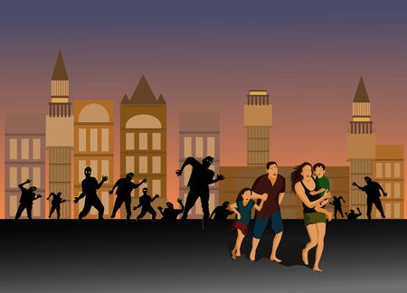 Parents and children are running away from the zombies on the city streets. There are buildings and orange lights in the background.のイラスト素材