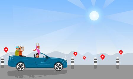 Four tourists sit on the convertible to go on the map. With mountains and sun as the backgroundのイラスト素材