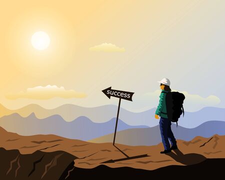 A person walking on a mountain With a sign of success in front, With mountains and sunset as backgroundのイラスト素材