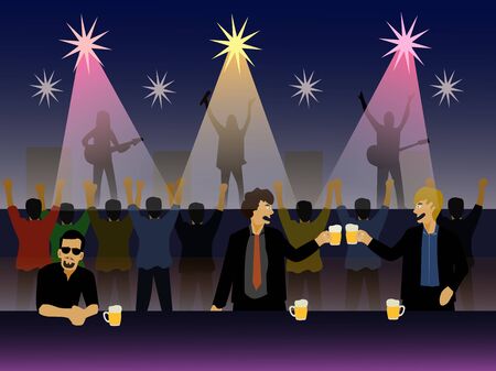 People eating beer in bars. There was a group of people watching the stage music performance in the background.のイラスト素材