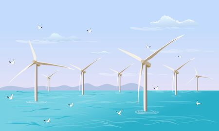 Group of  turbine generates electricity for the wind in the sea. with the sky in the backgroundのイラスト素材