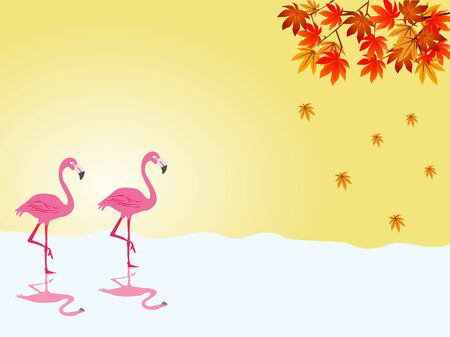 Two flamingos are walking in the water. With colorful leaves and yellow in the backgroundのイラスト素材