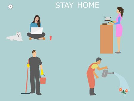 Stay at home to prevent spreading the virus Covid-19.A woman sitting and working using a notebook has a dog beside it.A woman cooking in the kitchen.A man cleaning the house.のイラスト素材