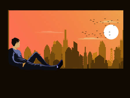 A man sits on a window sill on a tall building looking at the view of the city at sunset with an orange sky background.のイラスト素材