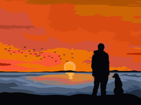 silhouette of a man and a dog standing on the rocks by the sea with the sun set in the backgroundのイラスト素材