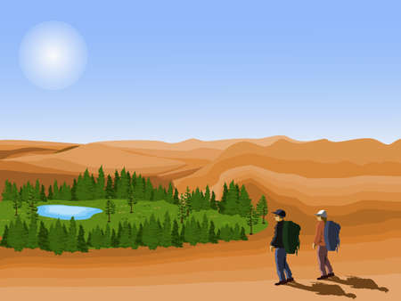 Two tourists looking at the desert oasis with blue sky background.のイラスト素材