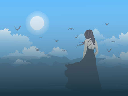 Black skirt woman standing on the hill looking at the mountain with moon and blue sky background.のイラスト素材