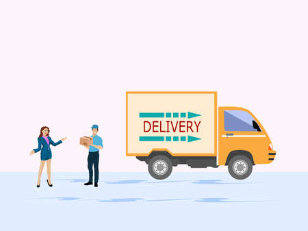 A delivery driver delivers goods for a female customer to order with white background.のイラスト素材