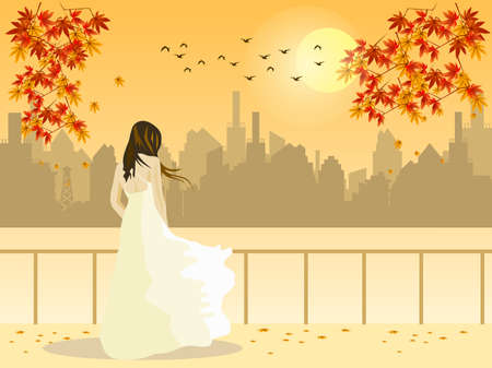 The white skirt woman was standing on the bank of the river with a maple tree on top. There are buildings and sun set in the background.のイラスト素材