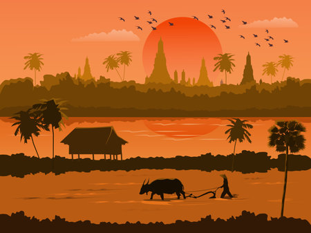 Thailand sunset view with farmers working in the fields. There is a river and a Buddhist temple in the background.のイラスト素材