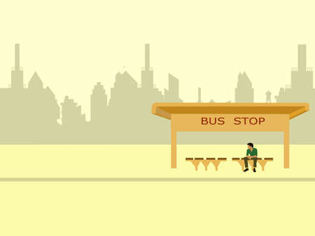 A man waiting for a bus at a bus stop with buildings and yellow sky in the backgroundのイラスト素材