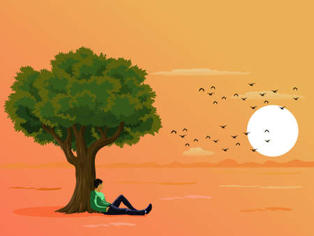 A man sitting under a tree in the field looking at the sunset with a yellow sky backgroundのイラスト素材