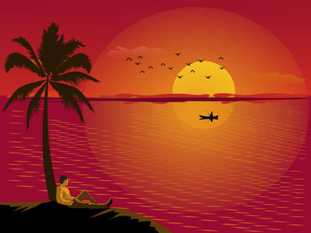 A man sits on the sand leaning against a coconut tree looking at the sea at sunset with the sunset in the background.のイラスト素材