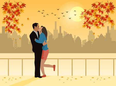 Man and woman kissing in a public garden with city and sunset in the background.のイラスト素材