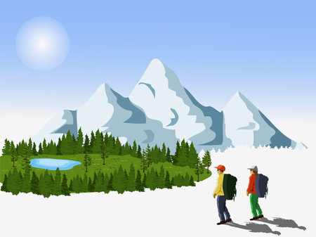Male and female tourists walking to an oasis with snowy mountains in the background.のイラスト素材