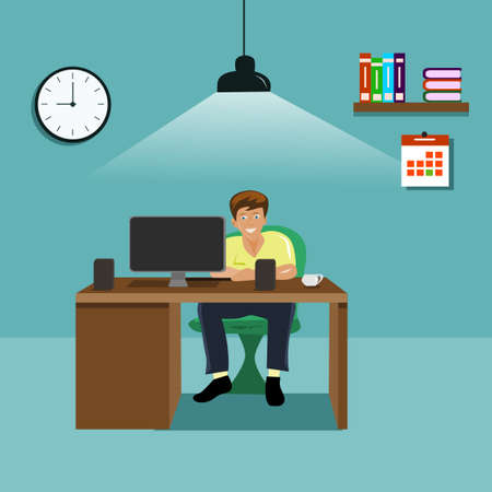 Man looking at computer on wooden table with blue wall, lamp, clock, bookshelf, books as background.のイラスト素材
