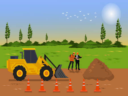 The tractor is grading to make the road. Two  construction supervisor are working on the road. with  fields and sky in the backgroundのイラスト素材