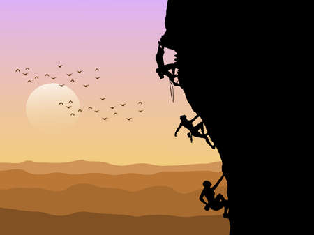 Silhouette of three mountain climbers climbing with sunset in the background.のイラスト素材