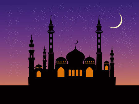 The mosque's silhouette has a blue sky and stars in the background.のイラスト素材