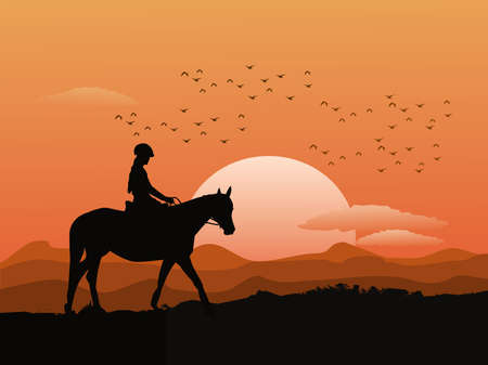Silhouette of a woman riding a horse on top of a mountain with sunset in the background.のイラスト素材