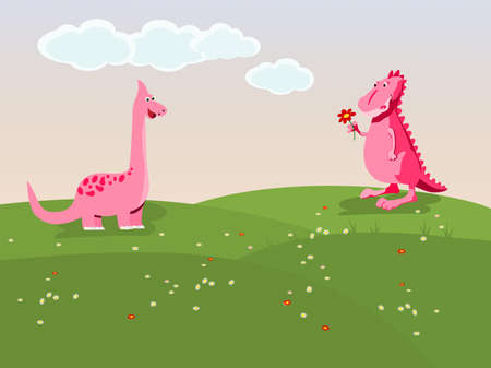 Pink dinosaur giving flowers to a female dinosaur on a meadow with sky in the background.のイラスト素材