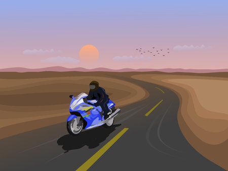 Man riding a big bike on a highway with mountains and sunset in the background.のイラスト素材