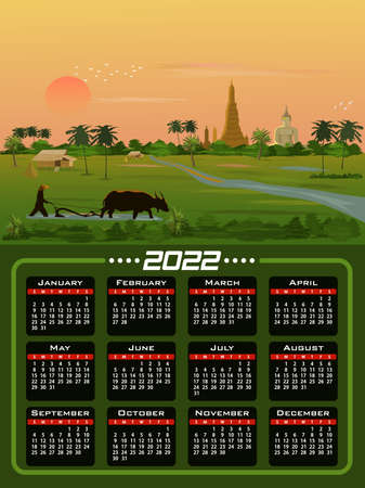 A farmer is using buffalo to shovel the soil in a rice field with a big Buddha image and the morning sun in the background.Calendar 2020 - all the year round - four seasons and 12 months of the year.のイラスト素材