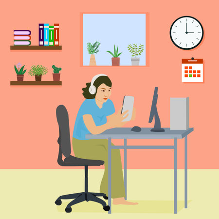 woman wearing headphones to listen to music sitting on a chair in pink living roomのイラスト素材