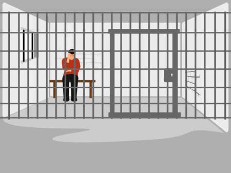 man sitting stressed in a prison cell with iron bars in the backgroundのイラスト素材