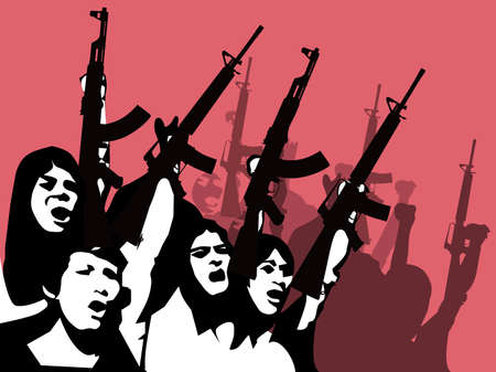 A black silhouette of a group of people holding a gun with a red background.のイラスト素材