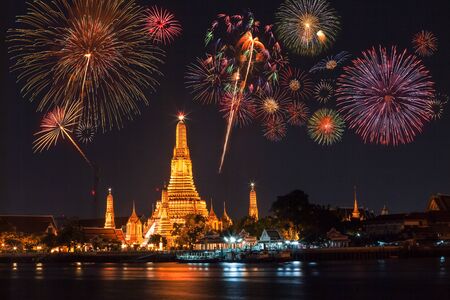 Wat arun at night with fireworks, Bangkok, Thailand.の写真素材