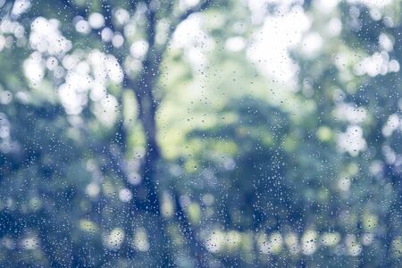 rain drop on window glass with blur tree background, vintage color filterの写真素材