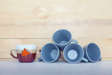 Christmas cup on wooden table with copy space.の写真素材