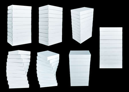 Collection of stack of white square boxes isolated on black background.の写真素材