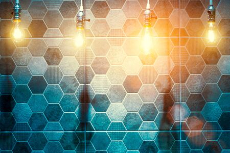 Retro light bulb decor glowing for abstract background. Holiday or party background.の写真素材