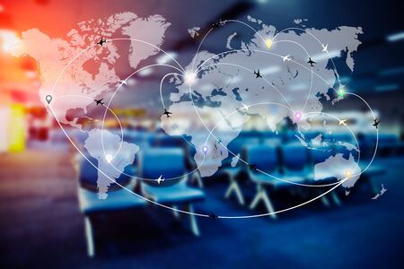 Abstract blurred airport terminal interior with world map of flight routes airplanes network. Global...