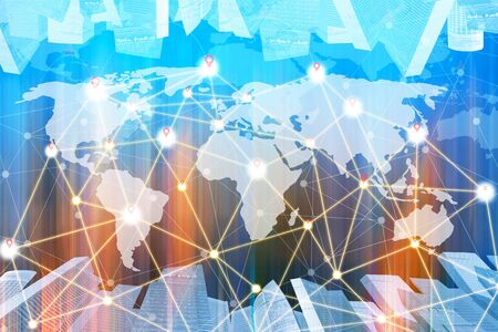 Blue sky with cloud in sunset light with modern city and wireless communication network. Internet of Things and ICT Information Communication Technology concept. Vintage tone filtered.の写真素材