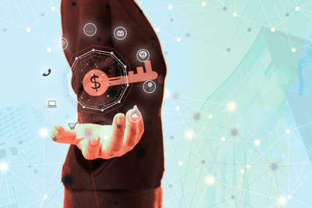 Businesswoman working with key of business success in modern virtual connection technology. Smart business technology icons.Worldwide connection community concept.の写真素材