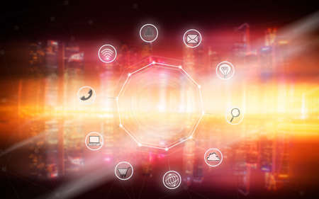 Business icon and high building district in background. Business community concept.の写真素材